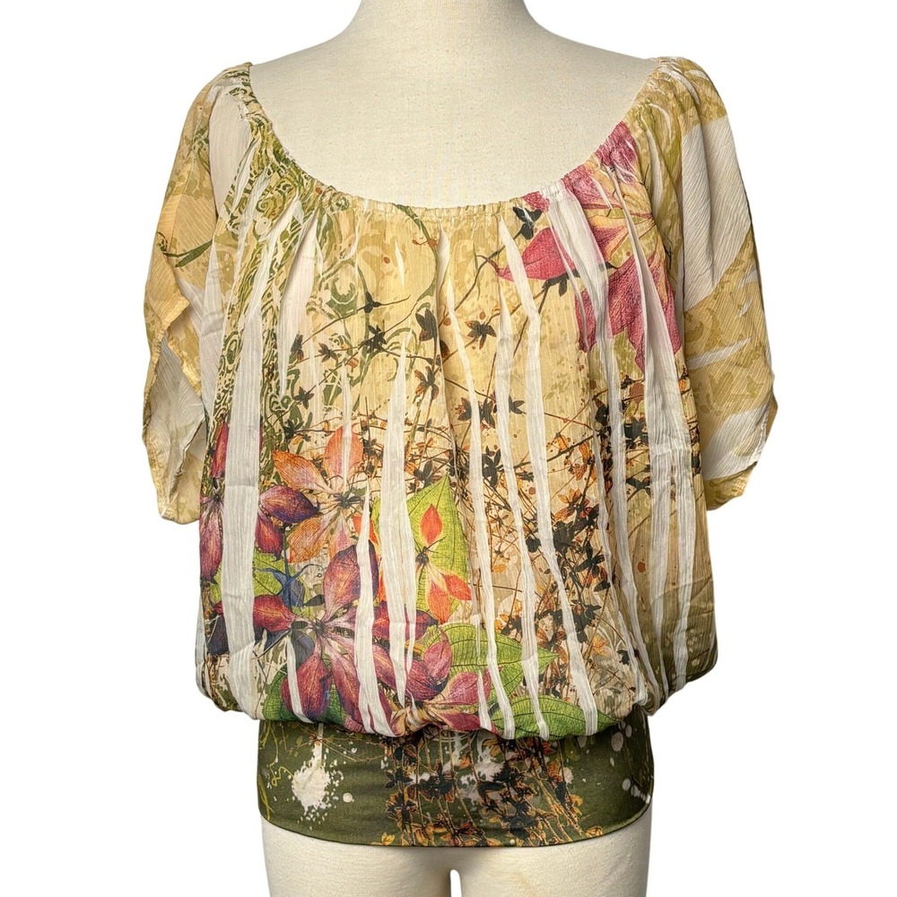 Charlotte Russe Sheer Floral Peasant Blouse Women's Medium Boho Cottagecore